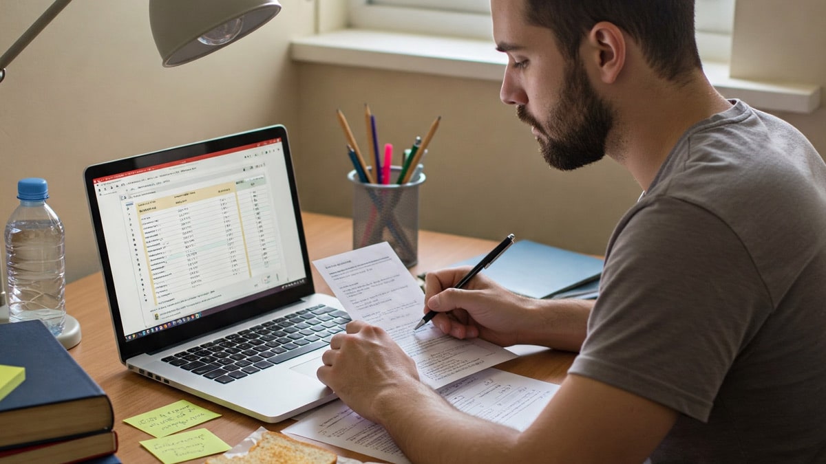 Étudiant faisant un point budget sur un tableur