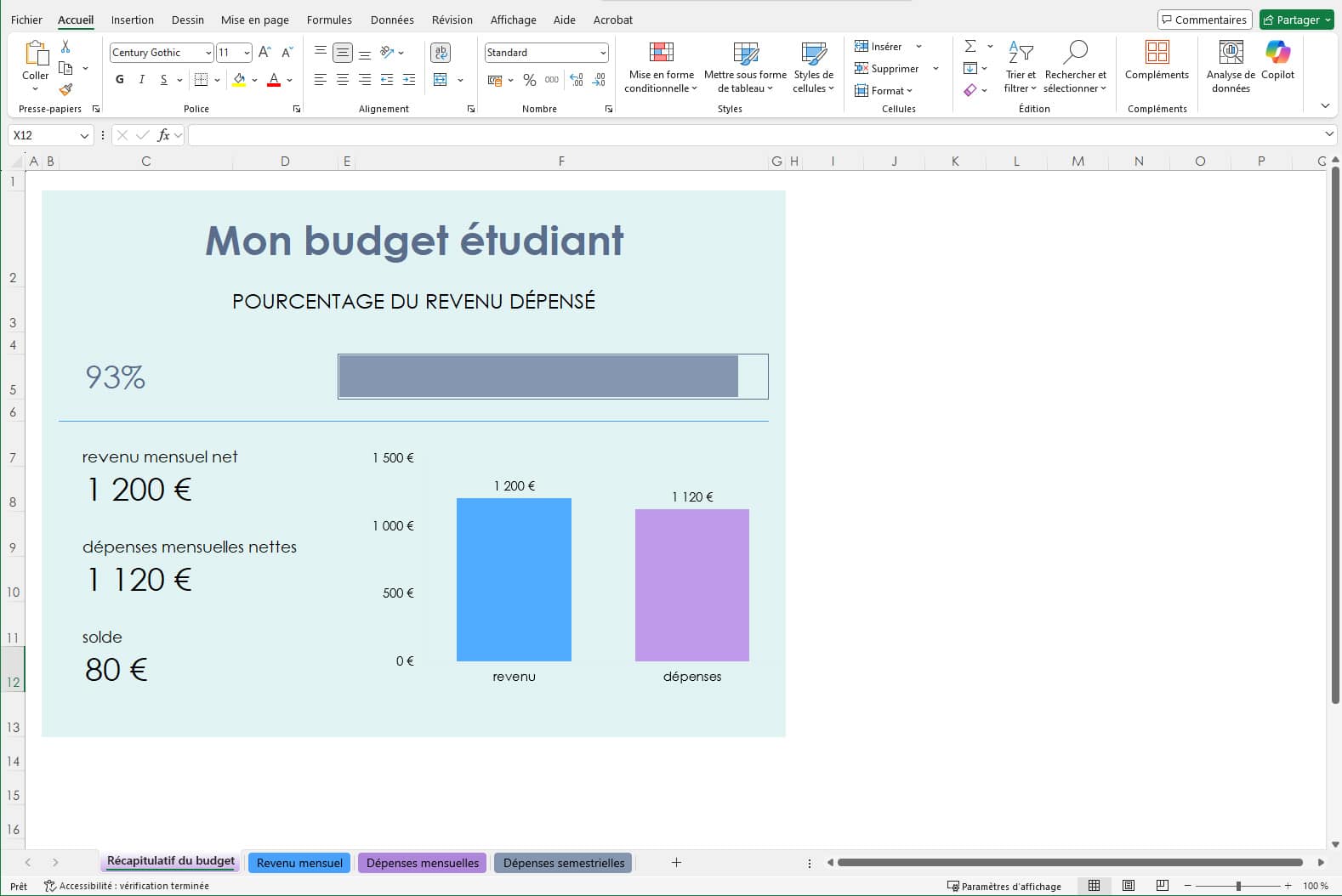 Fichier Excel mon budget étudiant