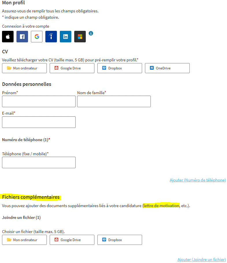 Formulaire Carrefour pour candidature avec CV : fonction ajouter des documents supplémentaires (lettre de motivation, etc.).