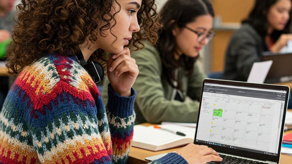 Étudiante devant son calendrier Outlook
