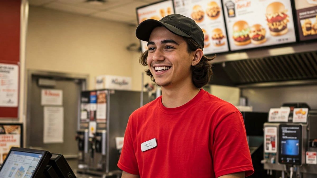 Étudiant souriant et travaillant un fast food