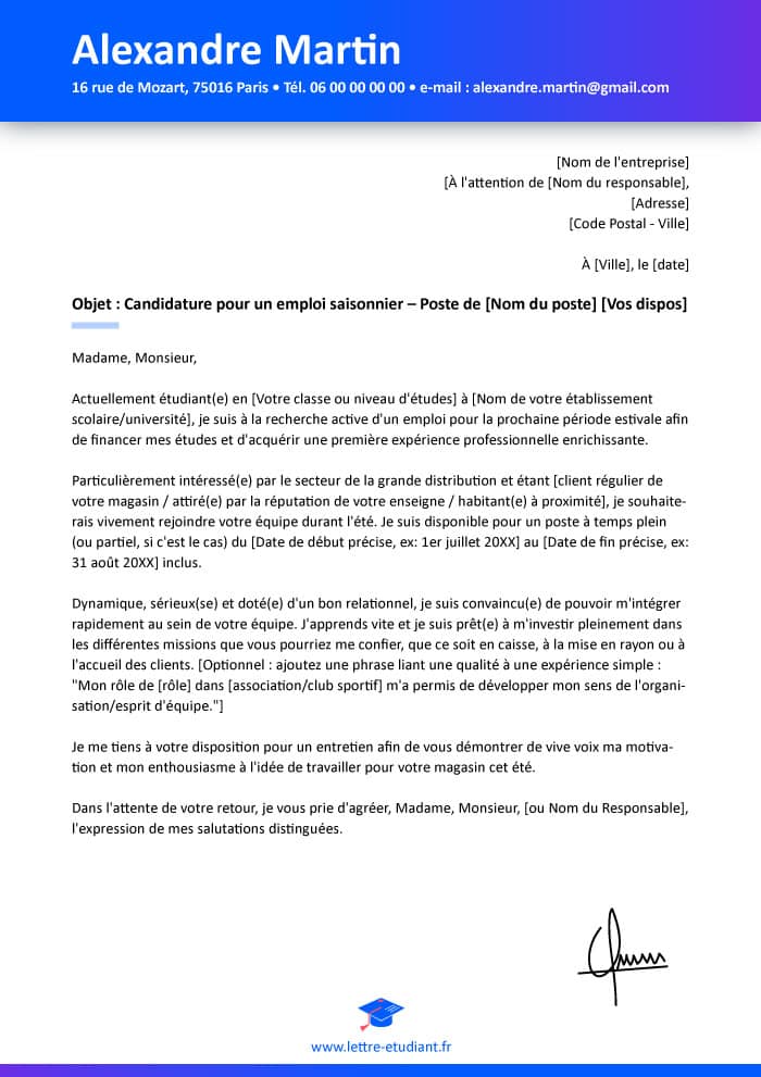 Lettre de motivation job d'été en supermarché