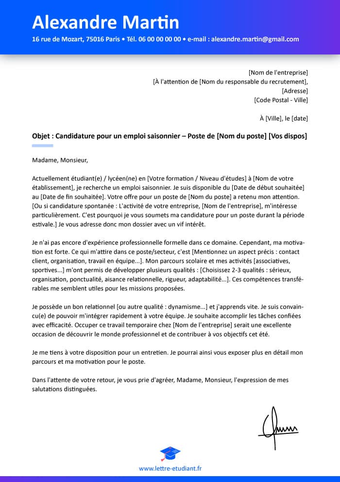 Modèle de lettre de motivation job d'été