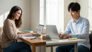 Étudiants rédigeant leur lettre de motivation sur Parcoursup, concentrés et souriants
