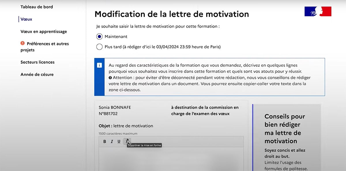 Saisie d'une lettre de motivation sur Parcoursup